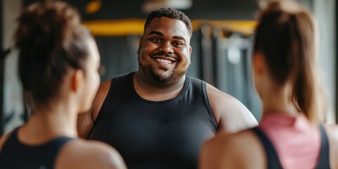 An inspiring image of an overweight personal trainer working with clients, promoting inclusivity and acceptance in fitness