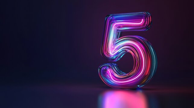 Glowing neon number five on dark background. (1)