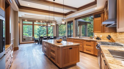 Wooden and brown modern kitchen with island - 3d rendering