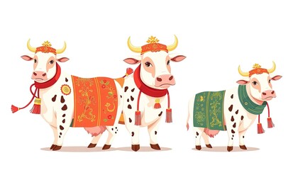 Naklejka premium Cow Celebrates Chinese New Year - New Year Card with Cow - Chinese Cow On The Wall - Cow in Cheongsam 