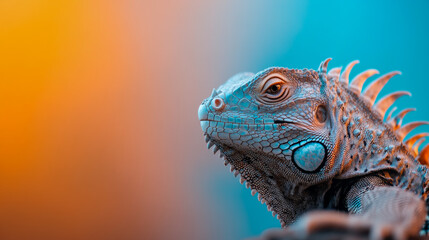 Fototapeta premium A detailed photo of an iguana showcasing its textured skin in vibrant blue and orange, illustrating the beauty and complexity of wildlife through bold colors.