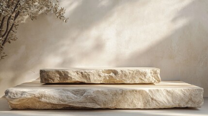Podium for exhibitions and product presentations material stone, wood. Beautiful beige background made of natural materials. Abstract nature scene with composition Product presentation.