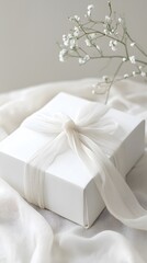 Minimalist Design of Pure White Gift Box with Soft Fabric Ribbon