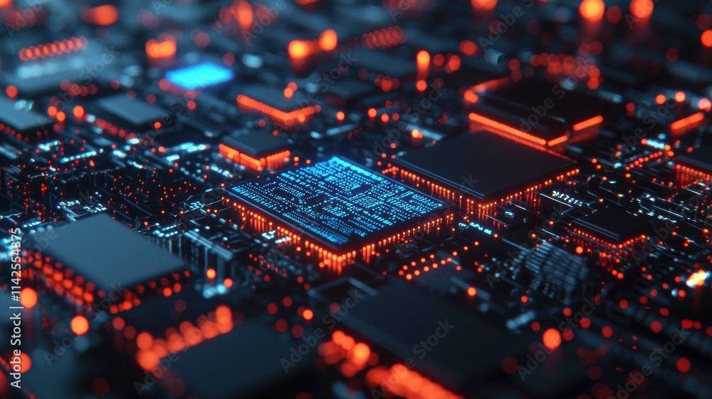 Poster Cpu is glowing and processing data on motherboard, close-up view