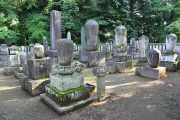 Ancient stone gravestones with moss rest in a peaceful forest, reflecting the calm and respectful atmosphere of traditional Japanese cemeteries.
