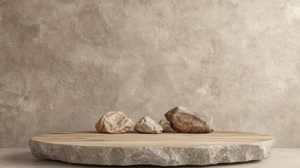 Podium for exhibitions and product presentations material stone, wood. Beautiful beige background made of natural materials. Abstract nature scene with composition Product presentation.