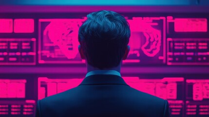 Businessman analyzing global strategy on futuristic neon-lit screens