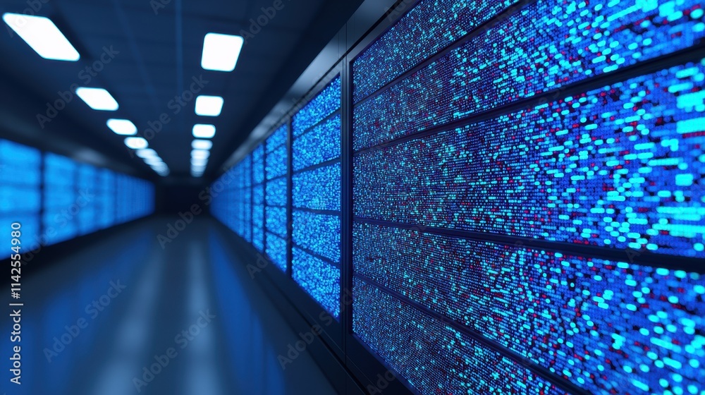 Poster Futuristic server room showing big data and cloud computing
