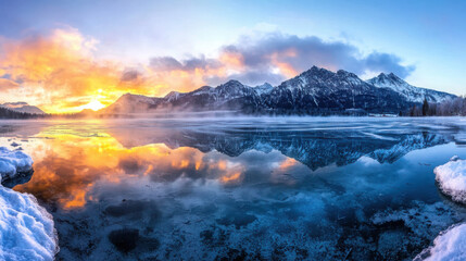 Naklejka premium Breathtaking sunrise over lake eibsee nature photography winter landscape tranquil environment scenic viewpoint