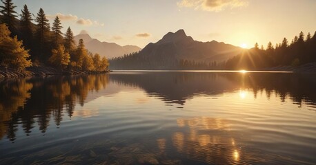 Fototapeta premium A golden light shines on the ripples of a calm lake, water, wave motion