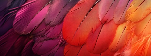 Obraz premium A close-up of vibrant feathers showcasing a gradient of colors from purple to orange.