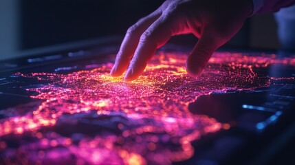 Businessman analyzing holographic market map for strategic innovation and geographic expansion