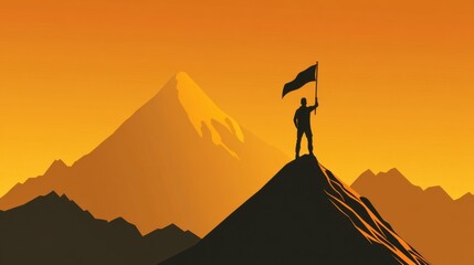 Person Standing on Mountain Holding Flag at Sunset