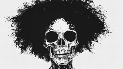 Skeleton with curly afro hairstyle in a striking black and white artwork showcases unique artistic expression