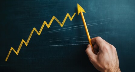Hand Drawing Rising Trend Line on Chalkboard with Yellow Arrow