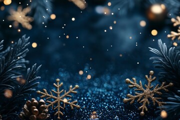 Navy Christmas background with snowflakes and gold sequins