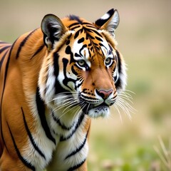 Fototapeta premium Bengal tiger's striped fur against a neutral background, animal texture, open space, grasslands scenery