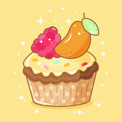 Vector design of a cupcake with mango, raspberry and colored sprinkles
