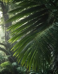 Fototapeta premium Close-up of a single palm frond against the backdrop of a vibrant jungle with dark green foliage, tropical plants, close-up photography, foliage details
