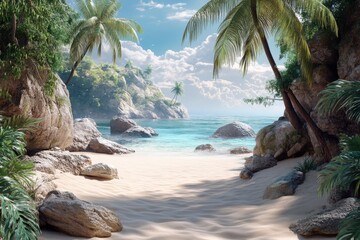 Beautiful sandy beach with palm trees and blue sky.