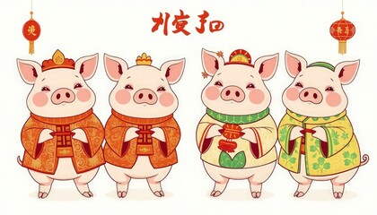 Obraz premium Pig Celebrates Chinese New Year - New Year Card with Pig - Chinese Pig On The Wall - Pig in Cheongsam 