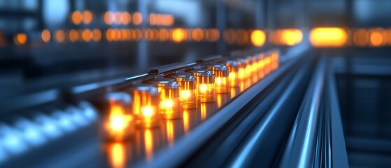 Close-up of glowing industrial equipment in a modern manufacturing facility with detailed machinery and vibrant lights.