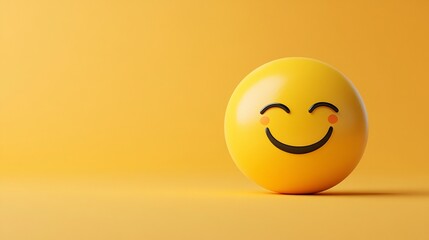 Fototapeta premium Blushing happy emoji expressing joy and positivity on yellow background