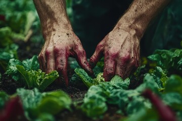 Hands Among Fresh Lettuce Leaves in Organic Vegetable Garden