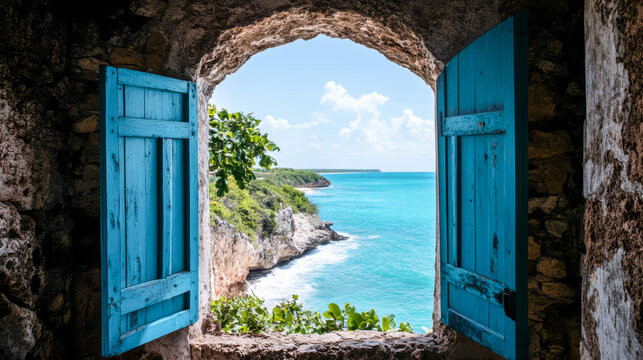 Fototapeta A breathtaking ocean view seen through a stone window with vibrant blue shutters, blending historic architecture with the serene beauty of coastal landscapes.