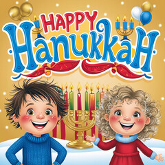 Cheerful Hanukkah Lettering with Happy Boy and Girl Cartoon Illustration