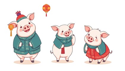 Fototapeta premium Pig Celebrates Chinese New Year - New Year Card with Pig - Chinese Pig On The Wall - Pig in Cheongsam 