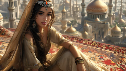 The princess is flying on a magic carpet, the fairy tale of the magic lamp of Aladdin