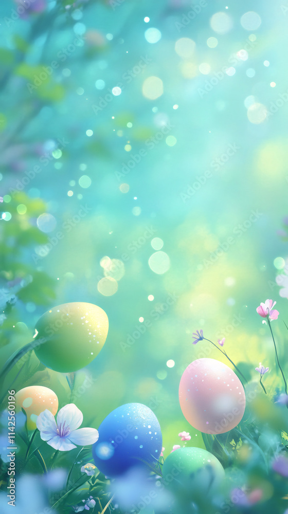 Poster colorful easter eggs are hiding in a spring meadow with flowers and bokeh lights during a sunny day