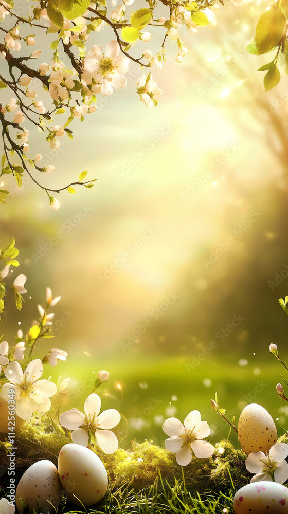Poster easter eggs are lying in green grass under a blooming tree in warm sunlight, creating a festive spri