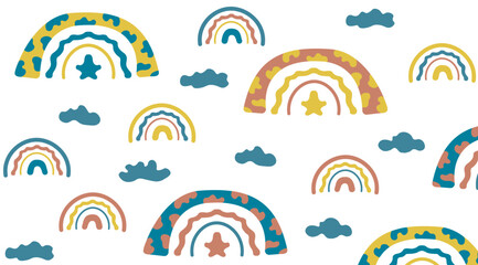 Hand drawn kids rainbow pattern with clouds. Can be used for decoration, textile, fabrics, wrapping paper