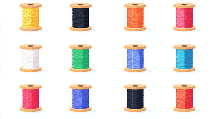 Colorful spools of thread arranged in grid, showcasing various hues