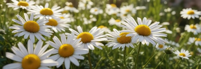 Close-up of wild chamomile and daisies in sunlight, beauty, sunlight