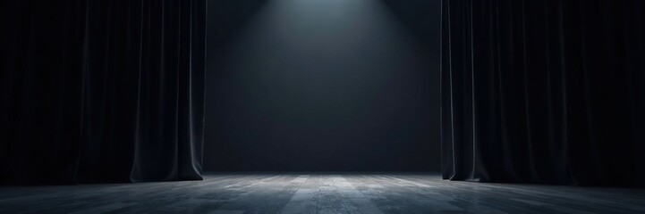 Black curtains closing on a stark empty stage, minimalist, blank