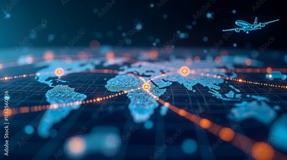 Poster Interactive Global Logistics Displays Showcasing Real-Time Data with Cargo Tracking Icons and Illuminated Connections Between Major Cities