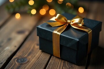 Black gift box with golden ribbon tied to a wreath on a wooden table, ribbon, gold, decoration