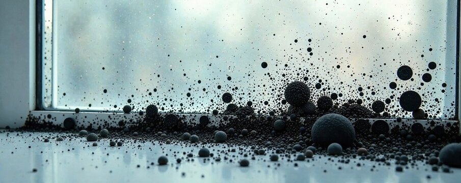 Black mold grows on a white plastic window pane, fungus, biofilm