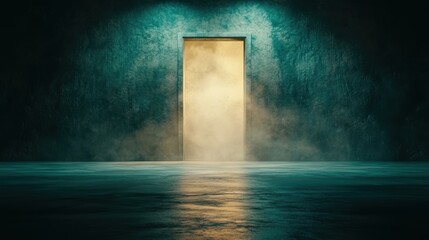 A mysterious, illuminated doorway stands against a dark, foggy background, creating a surreal atmosphere, This image can be used for themes of opportunity, exploration