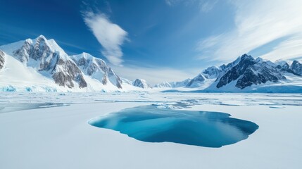 Obraz premium Stunning icy landscape featuring mountains and a blue glacial pool under a clear sky.