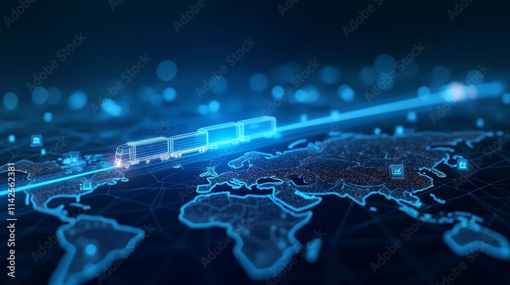 Poster Visual Representation of Real-Time Data with Routes, Cargo Tracking Icons, and Glowing Lines Connecting Global Cities for Logistics and Transportation Management