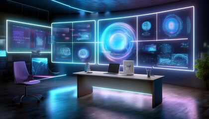 Fototapeta premium Consumer future and technology concepts: AI-enhanced workspace, holographic data interfaces on desks.