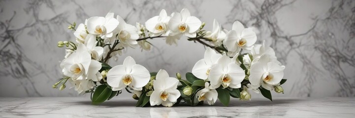 Obraz premium Delicate white orchid wreath on marble background, fashionable, chic, prestigious, event , exclusive