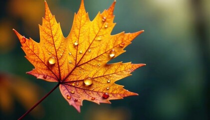 Fototapeta premium Closeup of yellow orange autumn leaf with raindrop, glass, abstract