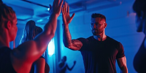 A scene of a personal trainer engaging with clients through high fives and encouragement, fostering a supportive training environment