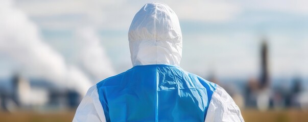 An environmentalist conducting air quality tests near an industrial zone, with visible smog and factory emissions highlighting safety concerns