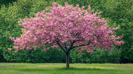 Obraz premium A serene view of an apple tree in full bloom, with pink blossoms and green leaves, symbolizing the beauty of spring